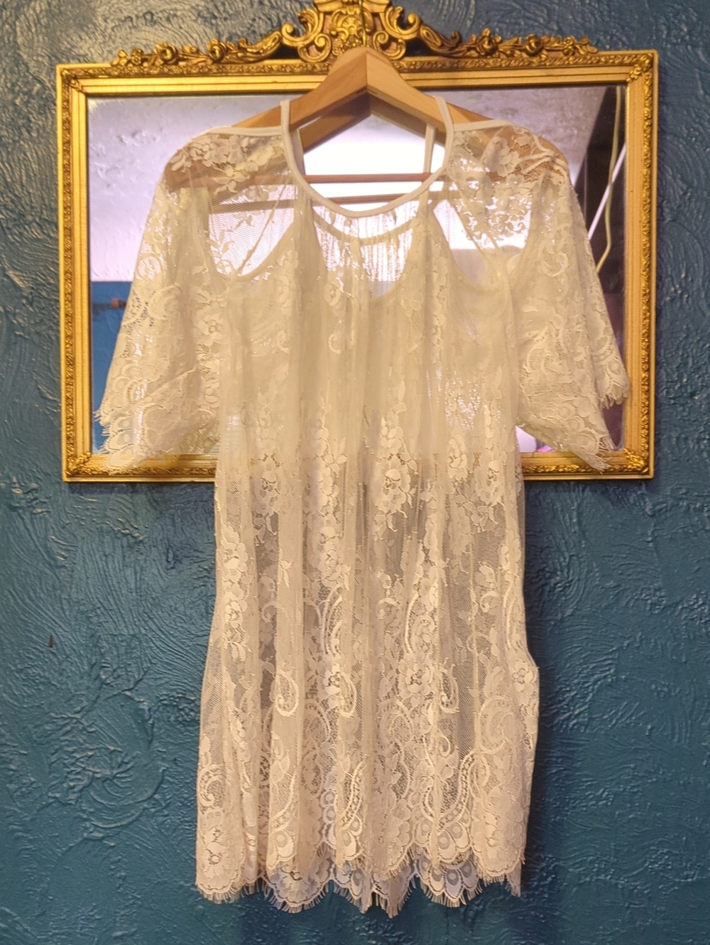 LAST CALL - Unbranded Sheer Cream Lace Mini Dress Coverup with Cold-Shoulder